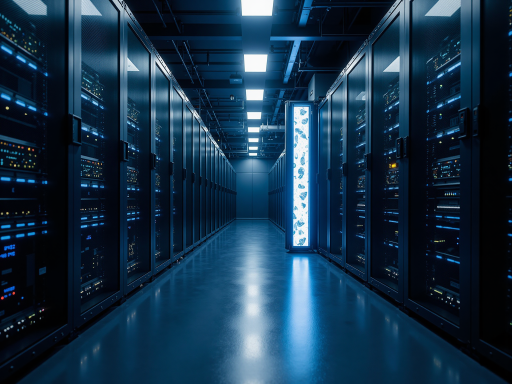 现代数据中心内部，多台服务器闪烁着蓝色LED指示灯，高科技环境，深色背景，充满未来感