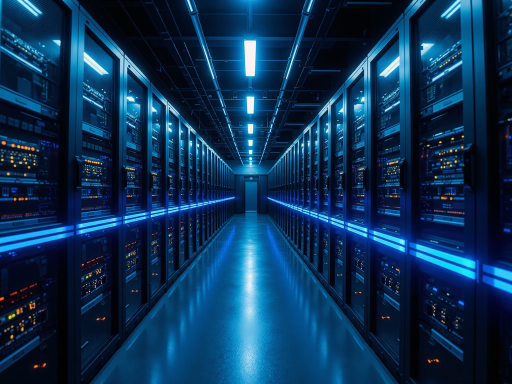 高科技数据中心内部，服务器机架排列整齐，蓝色LED灯光效果，未来主义设计，深色环境